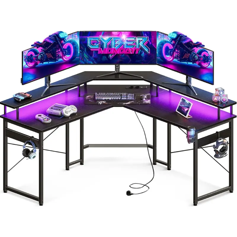 Mesa Gaming con LED + 2 enchufes y 2 Puertos USB