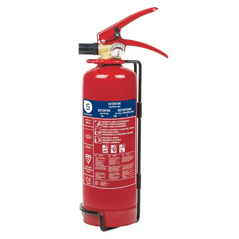 Extintor de 1kg de polvo seco ABC con soporte de pared