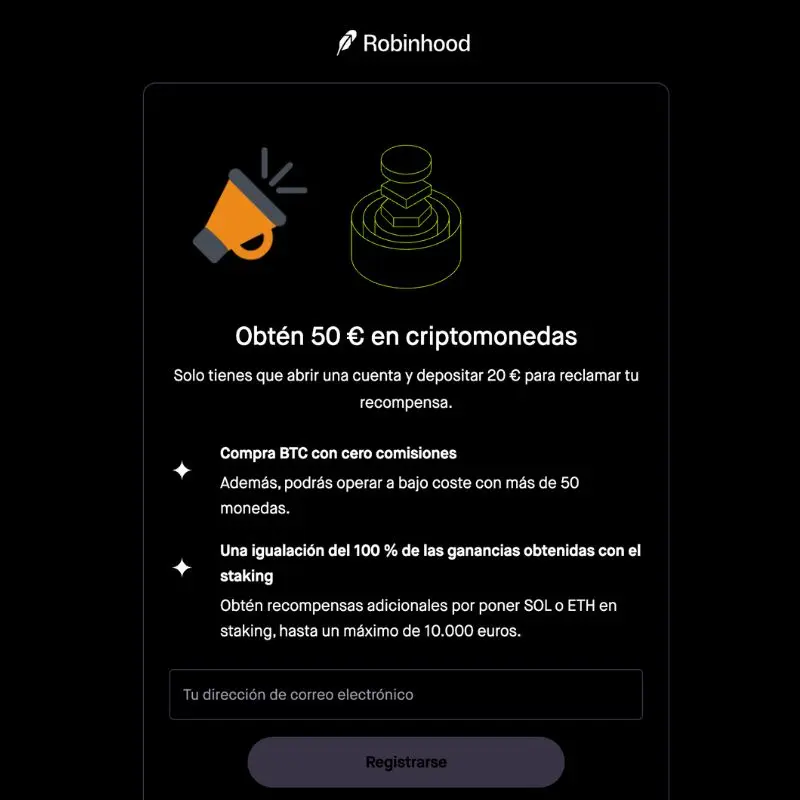 Robinhood Crypto: 50€ GRATIS en criptomonedas (+5€ de regalo)