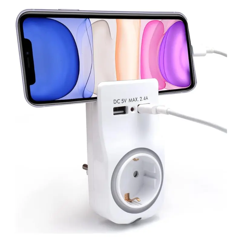 Enchufe Schuko con 2 USB + luz nocturna + soporte para móvil